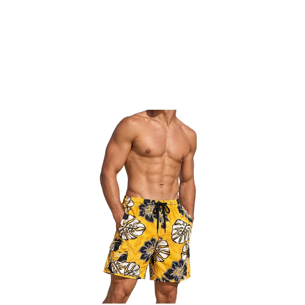 Speedo Mens Swim Trunks Size L Yellow Floral Pockets Mesh Lined Tie Front Board